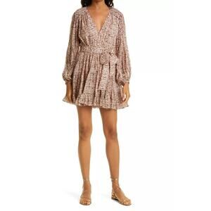 OPT NWT Beige Floral Long Sleeve Tie Waist A Line Mini Dress